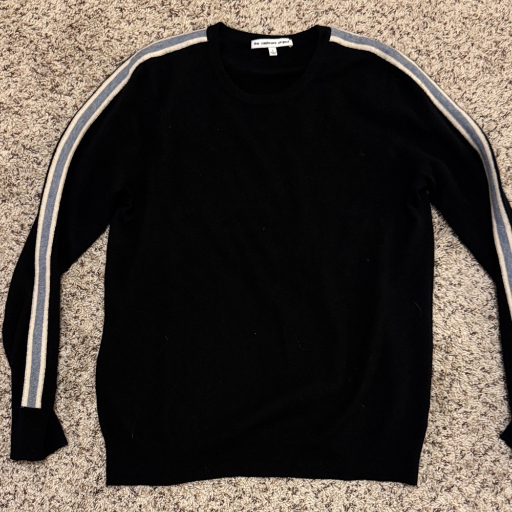 Stylish Black Crewneck Sweater with White Stripes